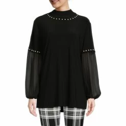 Flash Sale 🌟 Slim Factor By Investments Pearl Embellished Mock Neck Long Sleeve Top Black 🔥