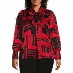 Best deal ⌛ Investments Plus Size Blocked Patchwork Print Long Sleeve Tie Y-Neck Button Front Top 👍
