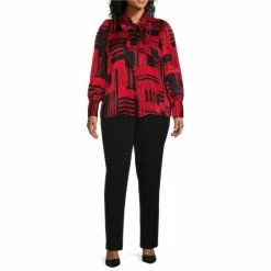 Best deal ⌛ Investments Plus Size Blocked Patchwork Print Long Sleeve Tie Y-Neck Button Front Top 👍 -Investments Shop unnamed file 793