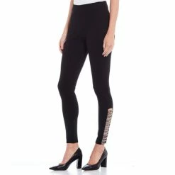 Discount ✔️ Slim Factor By Investments Ponte Knit Classic Waist Embellished Ladder Hem Leggings Black 😀
