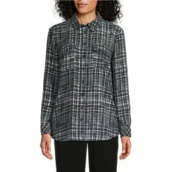 Wholesale ✨ Investments Petite Olivia Subtle Plaid Point Collar Long Roll-Tab Sleeve Button Front Utility Blouse ❤️ -Investments Shop unnamed file 817