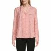 Best Sale 🤩 Investments Petite Size Woven Pink Scattered Dots Print Notch Collar Long Sleeve Button Front Top 💯