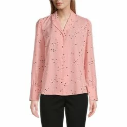 Best Sale 🤩 Investments Petite Size Woven Pink Scattered Dots Print Notch Collar Long Sleeve Button Front Top 💯