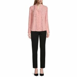 Best Sale 🤩 Investments Petite Size Woven Pink Scattered Dots Print Notch Collar Long Sleeve Button Front Top 💯 -Investments Shop unnamed file 826