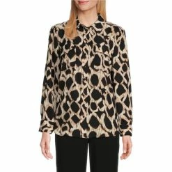Flash Sale 😉 Investments Petite Olivia Diffused Mosaic Point Collar Long Roll-Tab Sleeve Button Front Utility Blouse ⭐ -Investments Shop unnamed file 829