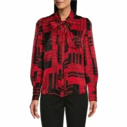 Budget ⌛ Investments Blocked Patchwork Long Sleeve Tie Y-Neck Button Front Blouse 🔔