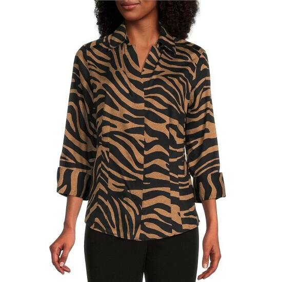 Best Sale 👏 Investments Petite Size Taylor Gold Label Non-Iron Point Collar 3/4 Sleeve Neutral Zebra Print Button Front 👕 Shirt ⌛ 1 Best Sale 👏 Investments Petite Size Taylor Gold Label Non-Iron Point Collar 3/4 Sleeve Neutral Zebra Print Button Front 👕 Shirt ⌛