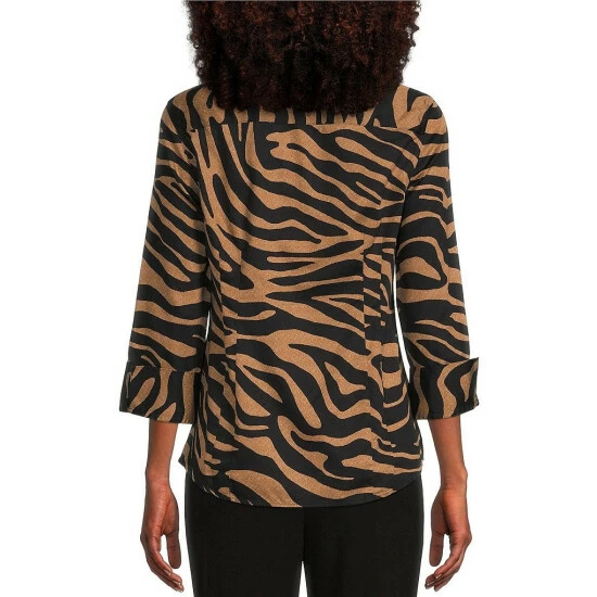Best Sale 👏 Investments Petite Size Taylor Gold Label Non-Iron Point Collar 3/4 Sleeve Neutral Zebra Print Button Front 👕 Shirt ⌛ 2 Best Sale 👏 Investments Petite Size Taylor Gold Label Non-Iron Point Collar 3/4 Sleeve Neutral Zebra Print Button Front 👕 Shirt ⌛ - Image 2
