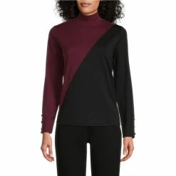 Coupon 🛒 Investments Knit Color Blocked Mock Neck Long Button Embellished Sleeve Top Black/toasted Coconut 🤩