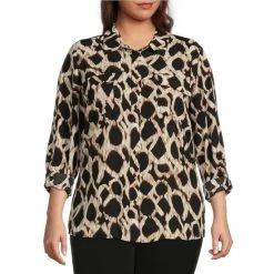 Wholesale 🔔 Investments Plus Size Olivia Diffused Mosaic Print Point Collar Long Roll-Tab Sleeve Button Front Utility Blouse 👏