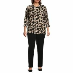 Wholesale 🔔 Investments Plus Size Olivia Diffused Mosaic Print Point Collar Long Roll-Tab Sleeve Button Front Utility Blouse 👏 -Investments Shop unnamed file 851
