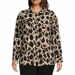 Wholesale 🔔 Investments Plus Size Olivia Diffused Mosaic Print Point Collar Long Roll-Tab Sleeve Button Front Utility Blouse 👏 -Investments Shop unnamed file 852