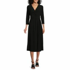 Wholesale 🥰 Investments Petite Size Soft Separates Surplice V-Neck 3/4 Sleeve Faux Wrap Midi 👗 Dress Black ⌛