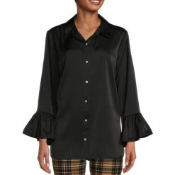 Best Sale ⌛ Slim Factor By Investments 3/4 Ruffle Sleeve Rhinestone Button Front Blouse Black 🔔