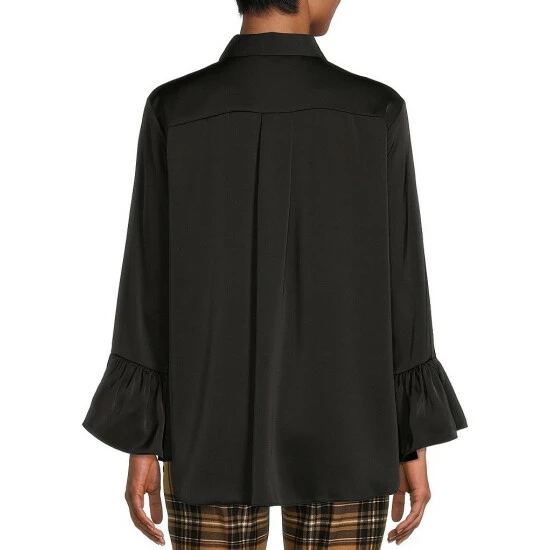 Best Sale ⌛ Slim Factor By Investments 3/4 Ruffle Sleeve Rhinestone Button Front Blouse Black 🔔 2 Best Sale ⌛ Slim Factor By Investments 3/4 Ruffle Sleeve Rhinestone Button Front Blouse Black 🔔 - Image 2