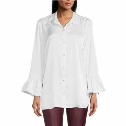 Coupon 🔔 Slim Factor By Investments Ruffle Sleeve Rhinestone Button Front Blouse White ✨