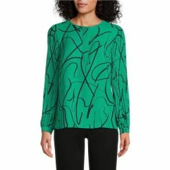 New ❤️ Investments Woven Painted Ribbon Pleated Long Sleeve Jewel Neck Covered Half Button Placket Top Purple Painted Ribbon ✔️