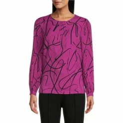 New ❤️ Investments Woven Painted Ribbon Pleated Long Sleeve Jewel Neck Covered Half Button Placket Top Purple Painted Ribbon ✔️ -Investments Shop unnamed file 894