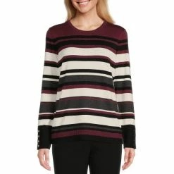 Promo ❤️ Investments Petite Size Stripe Print Crew Neck Long Button Sleeve Sweater Mellow Rose Stripe ⌛