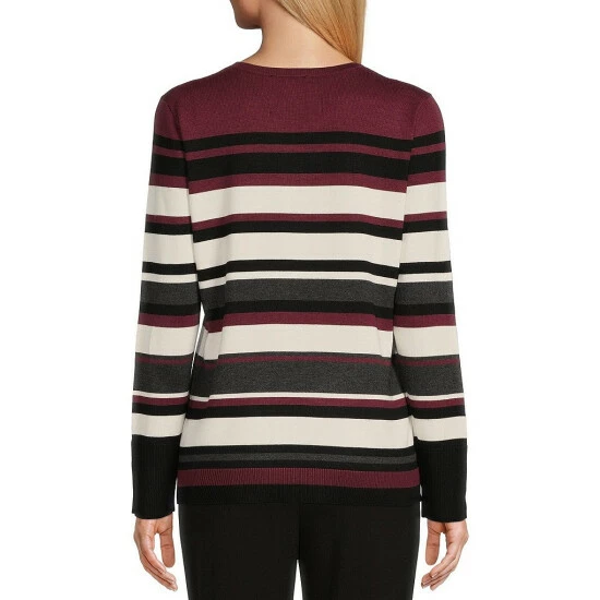 Promo ❤️ Investments Petite Size Stripe Print Crew Neck Long Button Sleeve Sweater Mellow Rose Stripe ⌛ 2 Promo ❤️ Investments Petite Size Stripe Print Crew Neck Long Button Sleeve Sweater Mellow Rose Stripe ⌛ - Image 2