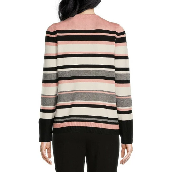 Promo ❤️ Investments Petite Size Stripe Print Crew Neck Long Button Sleeve Sweater Mellow Rose Stripe ⌛ 5 Promo ❤️ Investments Petite Size Stripe Print Crew Neck Long Button Sleeve Sweater Mellow Rose Stripe ⌛ - Image 5