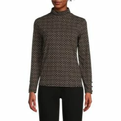 Best Pirce 👍 Investments Subtle Squares Print Mock Neck Long Button Sleeve Knit Top 😍