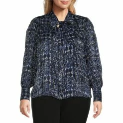 Deals 👍 Investments Plus Size Plaid Texture Long Sleeve Tie Y-Neck Button Front Top 🎉