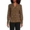 Coupon ✔️ Investments Petite Size Classic Leopard Print Long Sleeve Button Front Notch Collar Woven Top 👏