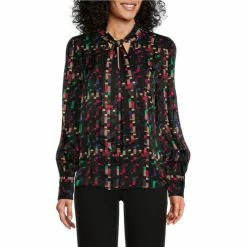 Flash Sale 😉 Investments Pixel Plaid Print Long Sleeve Tie Y-Neck Button Front Top ✨