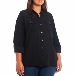 Deals ⌛ Slim Factor By Investments Plus Size Bridget Point Collar 3/4 Sleeve Button Front High-Low Top Black 🔥