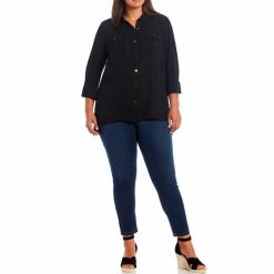 Deals ⌛ Slim Factor By Investments Plus Size Bridget Point Collar 3/4 Sleeve Button Front High-Low Top Black 🔥 -Investments Shop unnamed file 934