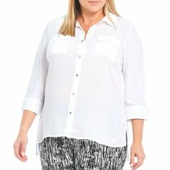 Deals ⌛ Slim Factor By Investments Plus Size Bridget Point Collar 3/4 Sleeve Button Front High-Low Top Black 🔥 -Investments Shop unnamed file 937