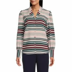New 🎁 Investments Woven Ribbon Striped Long Sleeve Button Front Notch Collar Top 🧨