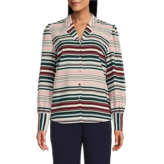 New ๐ Investments Woven Ribbon Striped Long Sleeve Button Front Notch Collar Top ๐งจ 1 New ๐ Investments Woven Ribbon Striped Long Sleeve Button Front Notch Collar Top ๐งจ