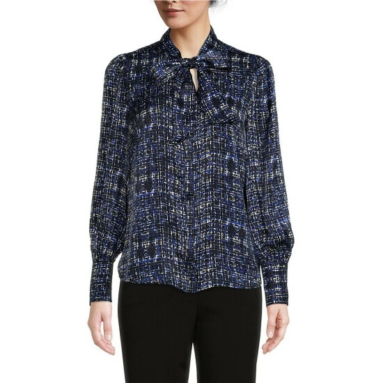 New π€© Investments Plaid Texture Long Sleeve Tie Y-Neck Button Front Top π― 1 New π€© Investments Plaid Texture Long Sleeve Tie Y-Neck Button Front Top π―