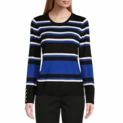 Cheap 🔔 Investments Petite Size Bold Stripe Print Crew Neck Long Button Cuff Sleeve Sweater Neutral Stripe 🛒
