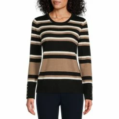 Cheap 🔔 Investments Petite Size Bold Stripe Print Crew Neck Long Button Cuff Sleeve Sweater Neutral Stripe 🛒 -Investments Shop unnamed file 986