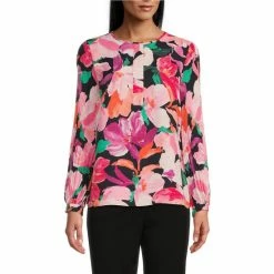 Hot Sale 😍 Investments Woven Brushstroke Floral Print Pleated Long Sleeve Covered Half Button Placket Top 🎁