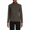 Discount ⌛ Investments Petite Size Subtle Squares Print Mock Neck Long Button Sleeve Knit Top 💯