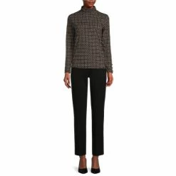 Discount ⌛ Investments Petite Size Subtle Squares Print Mock Neck Long Button Sleeve Knit Top 💯 -Investments Shop unnamed file 997